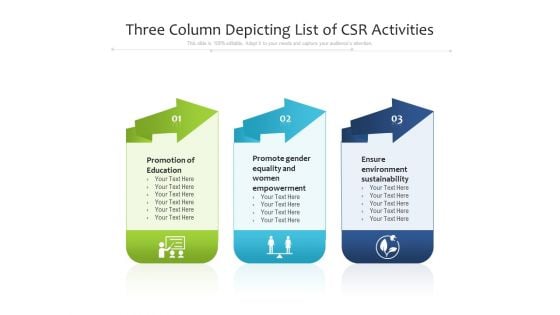 Three Column Depicting List Of CSR Activities Ppt PowerPoint Presentation Gallery Rules PDF Three Column Depicting List Of CSR Activities Ppt PowerPoint Presentation Gallery Rules PDF