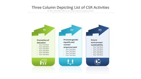 Three Column Depicting List Of CSR Activities Ppt PowerPoint Presentation Gallery Rules PDF