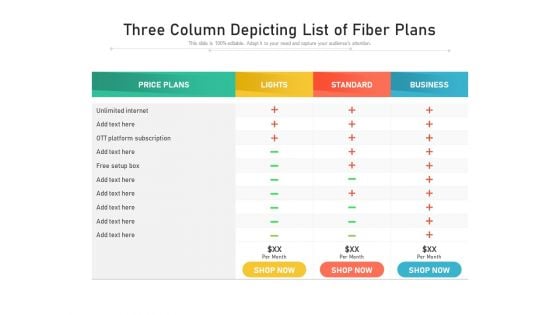 Three Column Depicting List Of Fiber Plans Ppt PowerPoint Presentation Gallery Show PDF