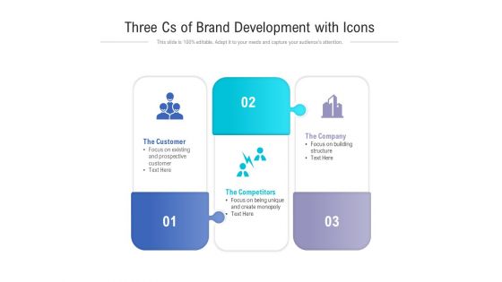 Three Cs Of Brand Development With Icons Ppt PowerPoint Presentation Pictures Graphics Download