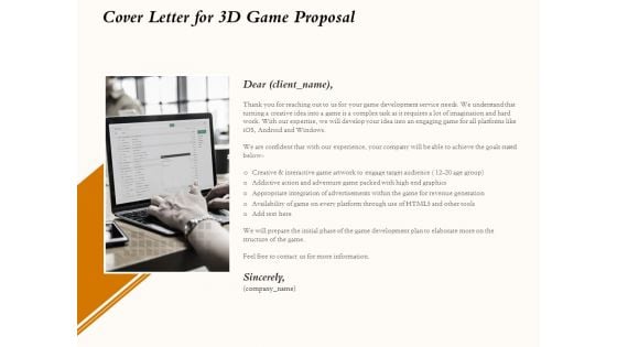 Three Dimensional Games Proposal Cover Letter For 3D Game Proposal Icons PDF