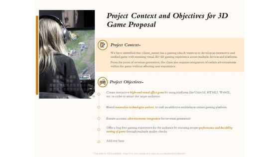 Three Dimensional Games Proposal Project Context And Objectives For 3D Game Proposal Summary PDF Three Dimensional Games Proposal Project Context And Objectives For 3D Game Proposal Summary PDF