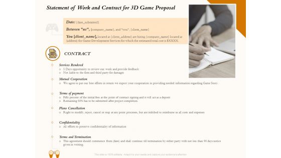Three Dimensional Games Proposal Statement Of Work And Contract For 3D Game Proposal Formats PDF
