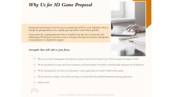 Three Dimensional Games Proposal Why Us For 3D Game Proposal Ppt Ideas Vector PDF Three Dimensional Games Proposal Why Us For 3D Game Proposal Ppt Ideas Vector PDF