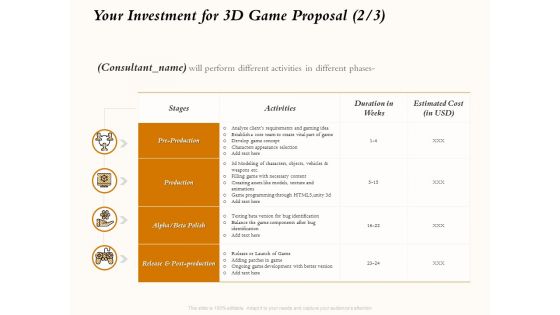 Three Dimensional Games Proposal Your Investment For 3D Game Proposal Cost Ppt Inspiration Themes PDF Three Dimensional Games Proposal Your Investment For 3D Game Proposal Cost Ppt Inspiration Themes PDF