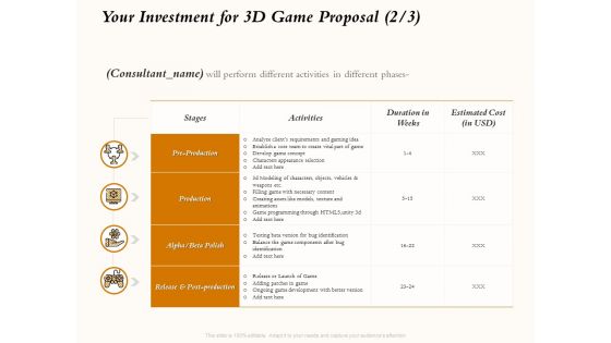 Three Dimensional Games Proposal Your Investment For 3D Game Proposal Cost Ppt Inspiration Themes PDF