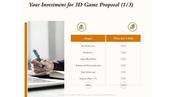 Three Dimensional Games Proposal Your Investment For 3D Game Proposal Price Ppt Layouts PDF