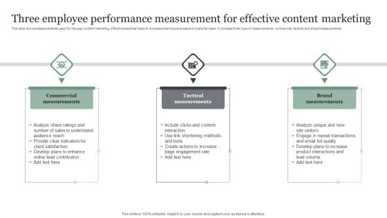 Three Employee Performance Measurement For Effective Content Marketing Brochure PDF