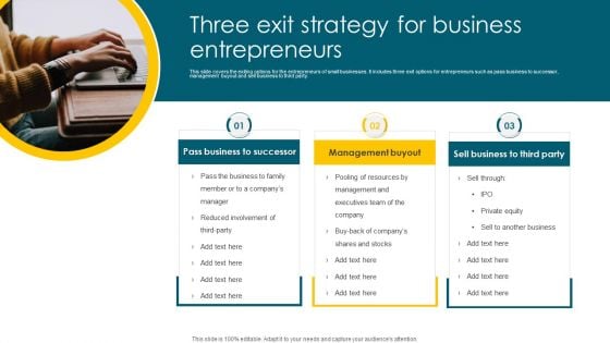 Three Exit Strategy For Business Entrepreneurs Ppt PowerPoint Presentation Gallery Design Templates PDF