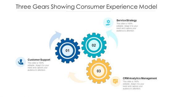 Three Gears Showing Consumer Experience Model Ppt PowerPoint Presentation File Graphics Template PDF