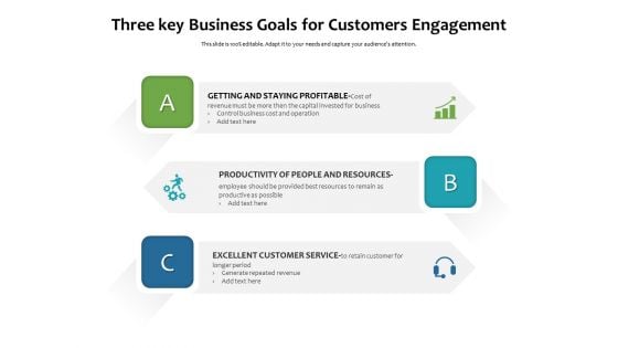 Three Key Business Goals For Customers Engagement Ppt PowerPoint Presentation File Icon PDF