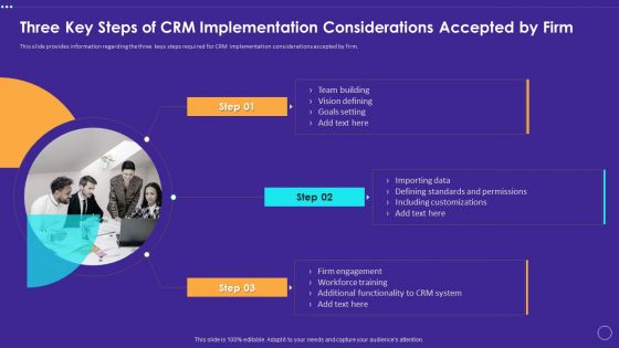 Three Key Steps Of CRM Implementation Considerations Accepted By Firm Sample PDF