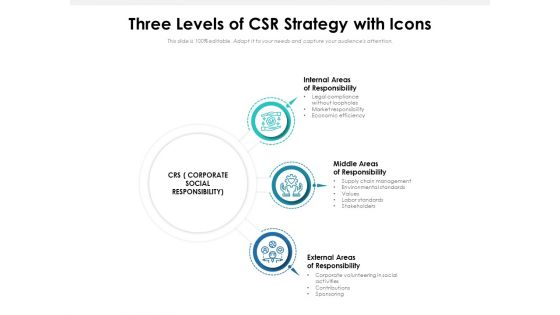 Three Levels Of CSR Strategy With Icons Ppt PowerPoint Presentation File Styles PDF