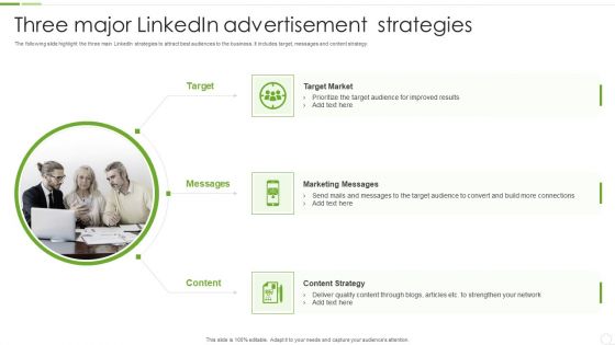 Three Major Linkedin Advertisement Strategies Ppt PowerPoint Presentation Gallery Graphics Example PDF