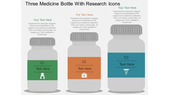 Three Medicine Bottle With Research Icons Powerpoint Template