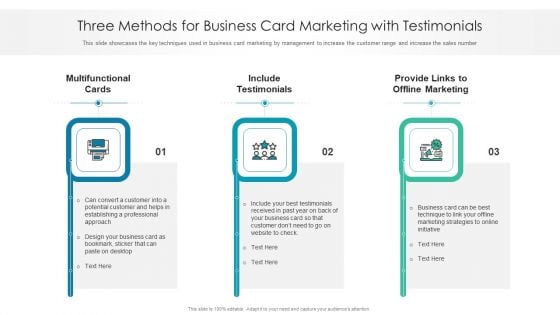 Three Methods For Business Card Marketing With Testimonials Ppt Inspiration Graphics Pictures PDF