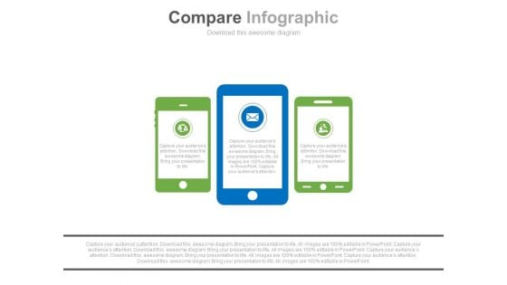 Three Mobiles With Icons Compare Chart Powerpoint Slides