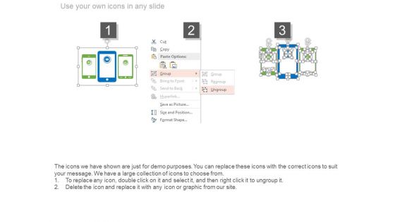 Three Mobiles With Icons Compare Chart Powerpoint Slides