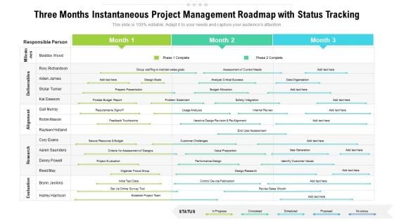 Three Months Instantaneous Project Management Roadmap With Status Tracking Designs