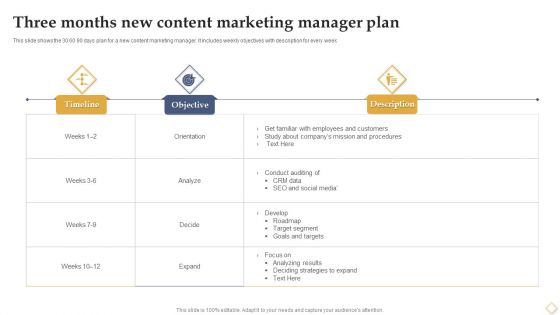 Three Months New Content Marketing Manager Plan Ppt Pictures Sample PDF