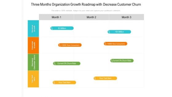 Three Months Organization Growth Roadmap With Decrease Customer Churn Demonstration