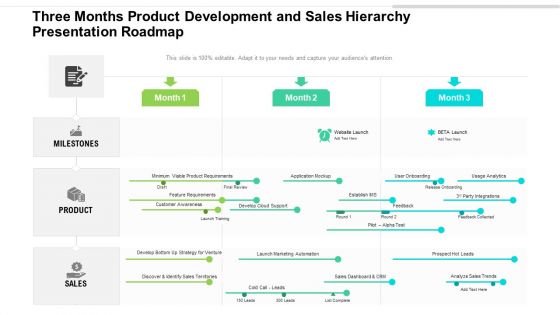 Three Months Product Development And Sales Hierarchy Presentation Roadmap Ideas