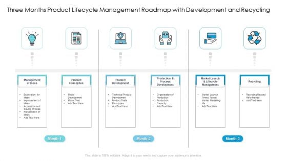 Three Months Product Lifecycle Management Roadmap With Development And Recycling Background Three Months Product Lifecycle Management Roadmap With Development And Recycling Background