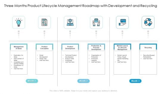 Three Months Product Lifecycle Management Roadmap With Development And Recycling Background