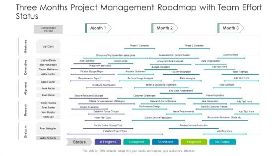 Three Months Project Management Roadmap With Team Effort Status Inspiration