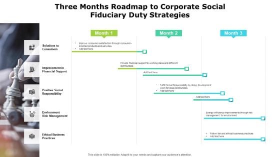 Three Months Roadmap To Corporate Social Fiduciary Duty Strategies Infographics Three Months Roadmap To Corporate Social Fiduciary Duty Strategies Infographics