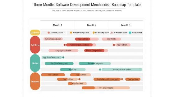 Three Months Software Development Merchandise Roadmap Template Mockup