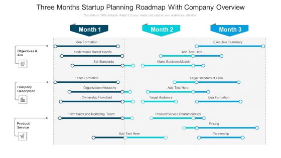 Three Months Startup Planning Roadmap With Company Overview Pictures