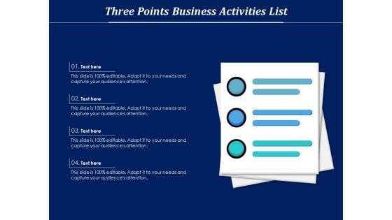 Three Points Business Activities List Ppt PowerPoint Presentation File Tips PDF Three Points Business Activities List Ppt PowerPoint Presentation File Tips PDF