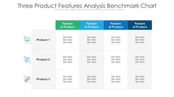 Three Product Features Analysis Benchmark Chart Ppt PowerPoint Presentation Show Topics PDF