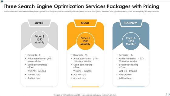 Three Search Engine Optimization Services Packages With Pricing Ppt Professional Ideas PDF Three Search Engine Optimization Services Packages With Pricing Ppt Professional Ideas PDF