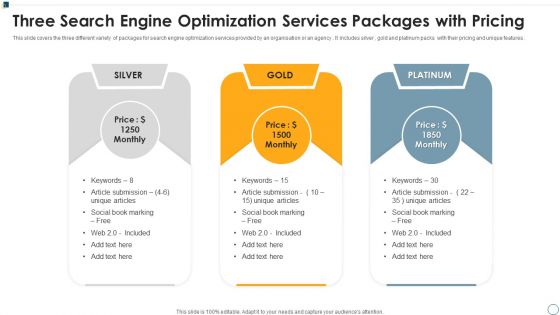 Three Search Engine Optimization Services Packages With Pricing Ppt Professional Ideas PDF