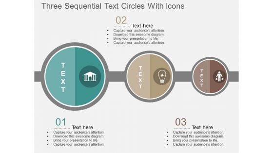 Three Sequential Text Circles With Icons Powerpoint Template