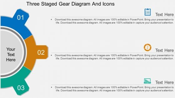 Three Staged Gear Diagram And Icons Powerpoint Template
