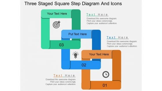 Three Staged Square Step Diagram And Icons Powerpoint Template