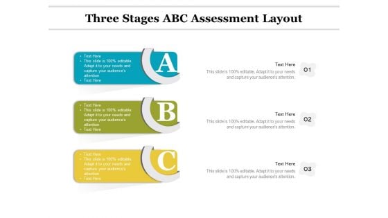 Three Stages ABC Assessment Layout Ppt PowerPoint Presentation Infographic Template Templates PDF