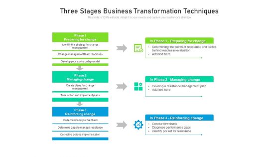 Three Stages Business Transformation Techniques Ppt PowerPoint Presentation File Deck PDF