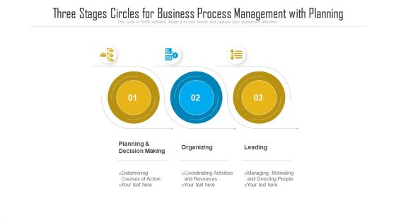 Three Stages Circles For Business Process Management With Planning Ppt PowerPoint Presentation File Visuals PDF