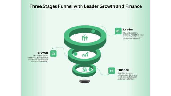 Three Stages Funnel With Leader Growth And Finance Ppt PowerPoint Presentation File Graphic Tips PDF