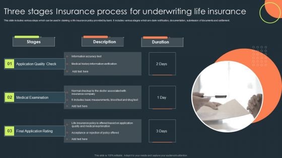 Three Stages Insurance Process For Underwriting Life Insurance Diagrams PDF