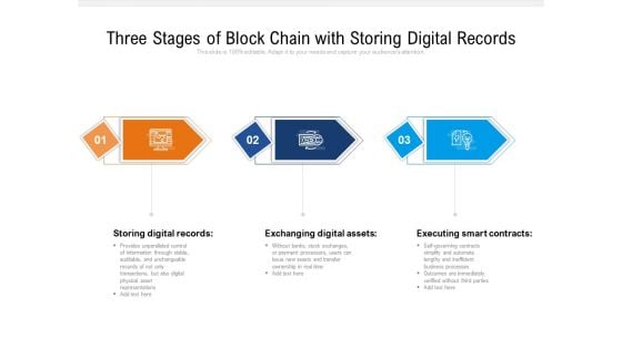 Three Stages Of Block Chain With Storing Digital Records Ppt PowerPoint Presentation Gallery Background Designs PDF