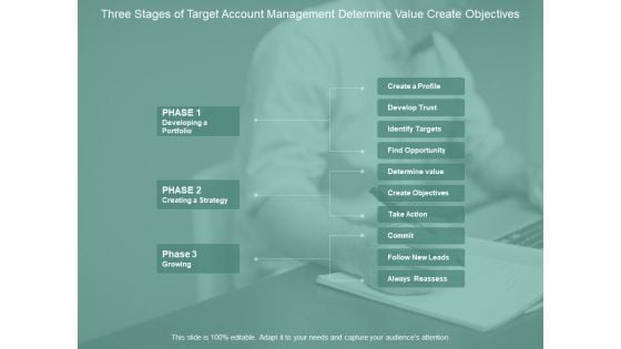 Three Stages Of Target Account Management Determine Value Create Objectives Ppt PowerPoint Presentation Portfolio Elements Cpb