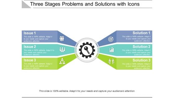 Three Stages Problems And Solutions With Icons Ppt PowerPoint Presentation Gallery Shapes PDF