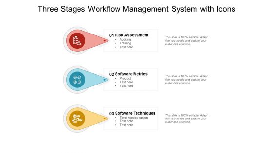 Three Stages Workflow Management System With Icons Ppt PowerPoint Presentation Layouts Objects