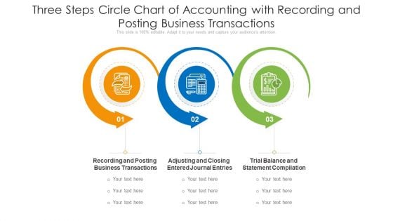 Three Steps Circle Chart Of Accounting With Recording And Posting Business Transactions Ppt PowerPoint Presentation Portfolio Outfit PDF