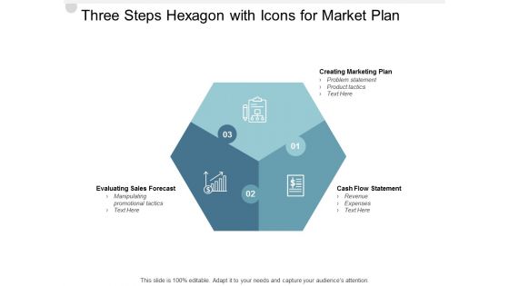 Three Steps Hexagon With Icons For Market Plan Ppt PowerPoint Presentation Show Outline